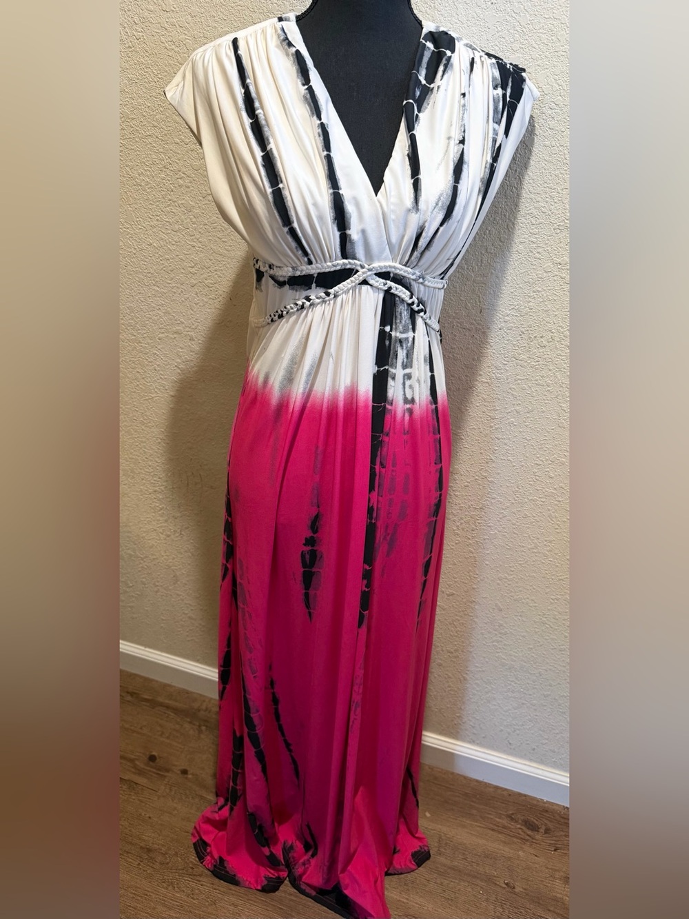 VENUS Pink, White & Black Tie-Dye V-Neck Maxi Dress